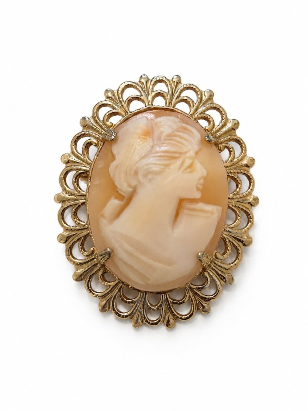 Vintage Hand Carved Shell Cameo Brooch Gold Tone Filigree Lady Portrait Pin